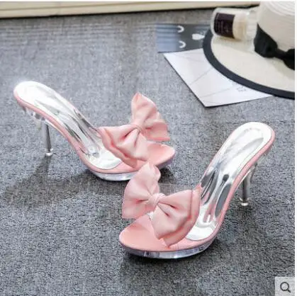 Slippers Women Sweet Bowtie Crystal Slippers Woman Transparent Open Toe Outdoor Female Shoes Silver Summer Shoes Woman Sandals