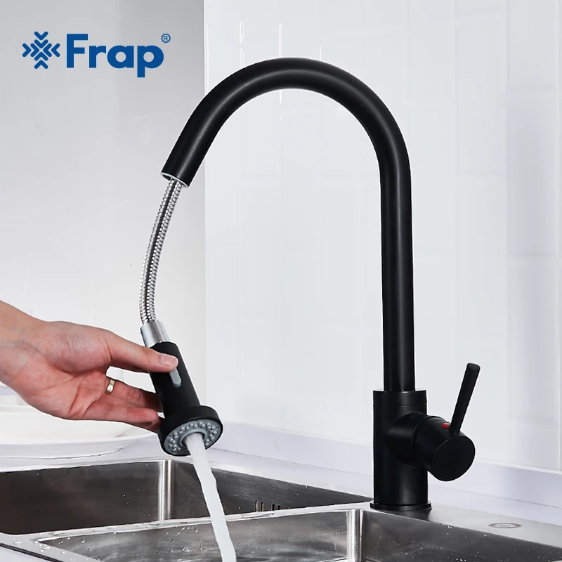 

Frap Black Brushed Nickel Kitchen Faucet Single Handle 360 Degree Rotation Spout Pull Out Taps Two Ways To Outflow Taps Y40072