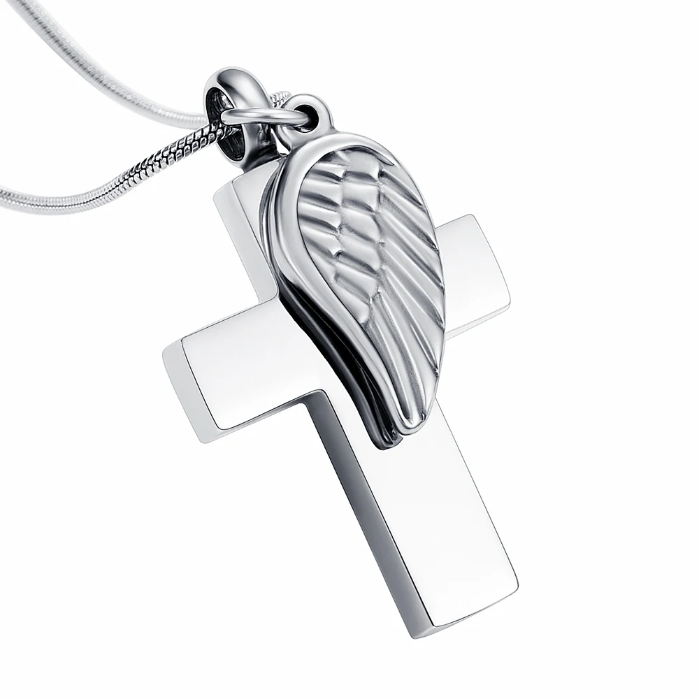 IJD12239 Custom Stainless Steel Cross Urn Necklace with Angel Wing Charms to Put loved one cremains Cremation Memorial Jewelry