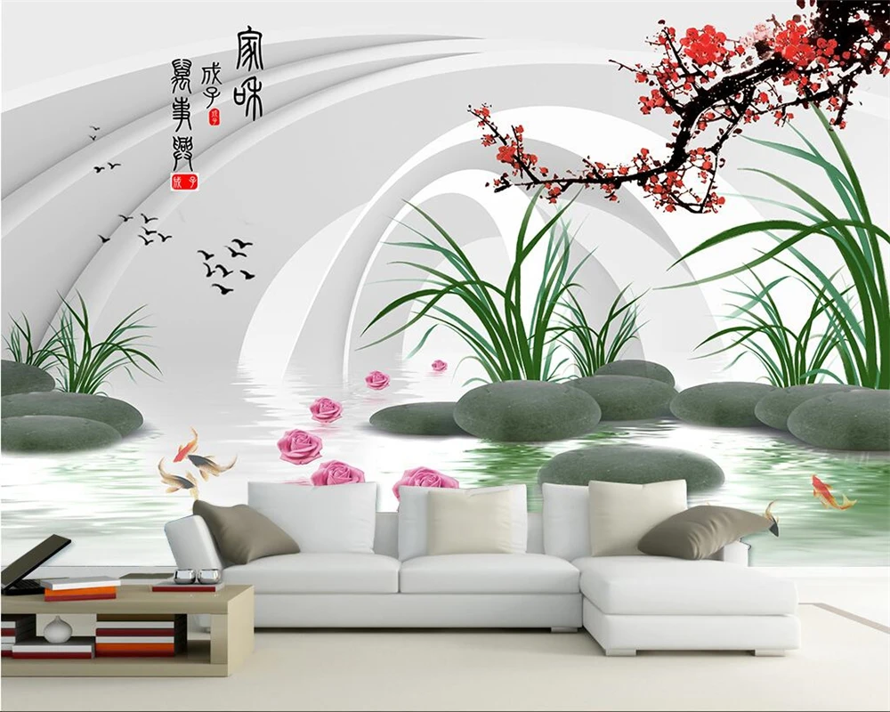 Beibehang Home decoration wallpaper mural modern refreshing orchid plum stone TV sofa background wall mural photo 3d wallpaper