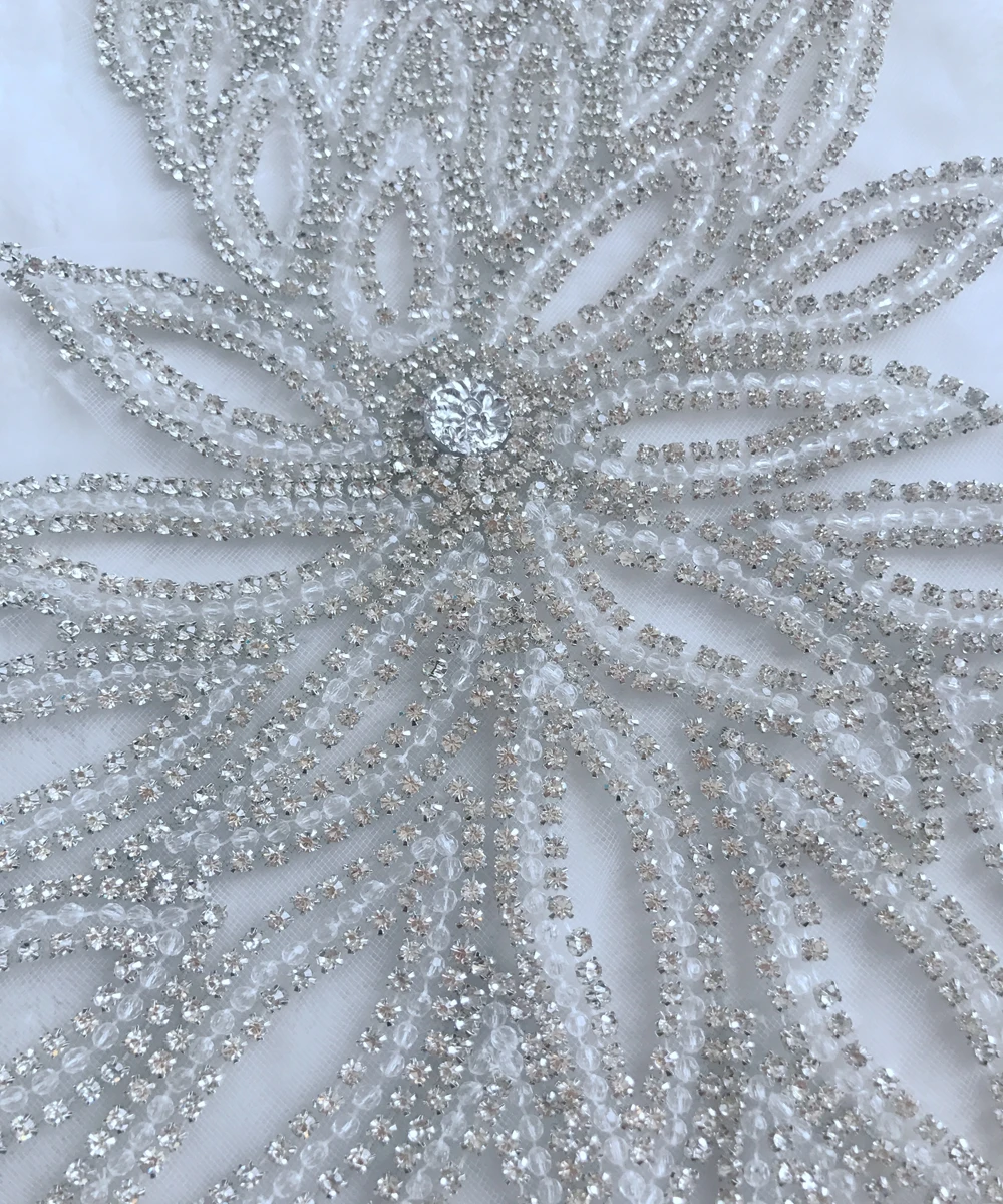 Handmade silver sew on  Rhinestones applique on mesh trim patches with stones sequins beads 40*37cm Diy dress accessory