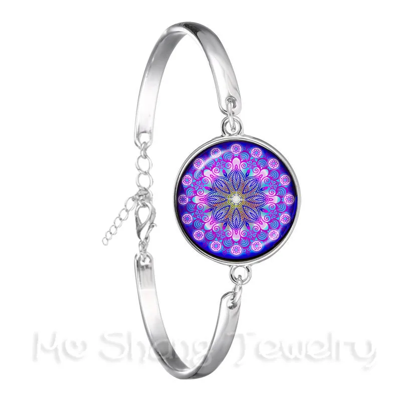 Classic Indian Henna Yoga Bracelet Om Symbol Buddhism Zen Colorful Mandala Flower Silver Plated Chain Bangle For Women