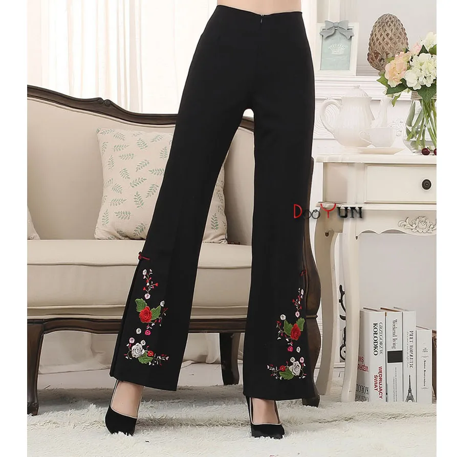 Brand New Arrival Wholesale And Sale Chinese Tradition Women's Embroider Flower Flares Trousers Pants WP03