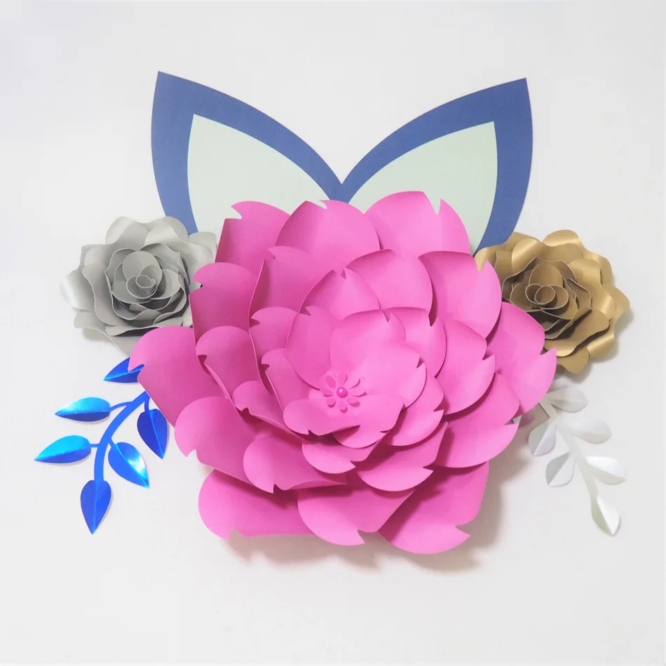 DIY Large Paper Flowers Giant Rose Fleurs Backdrops 3PCS+ 2 Leaves + 2 Ears For Baby Shower Nursery Kids' Birthday Video