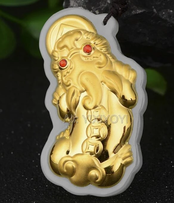 Natural White Hetian Jade + 18K Solid Gold Inlaid Chinese Coin PiXiu Amulet Lucky Pendant + Free Necklace Jewelry + Certificate