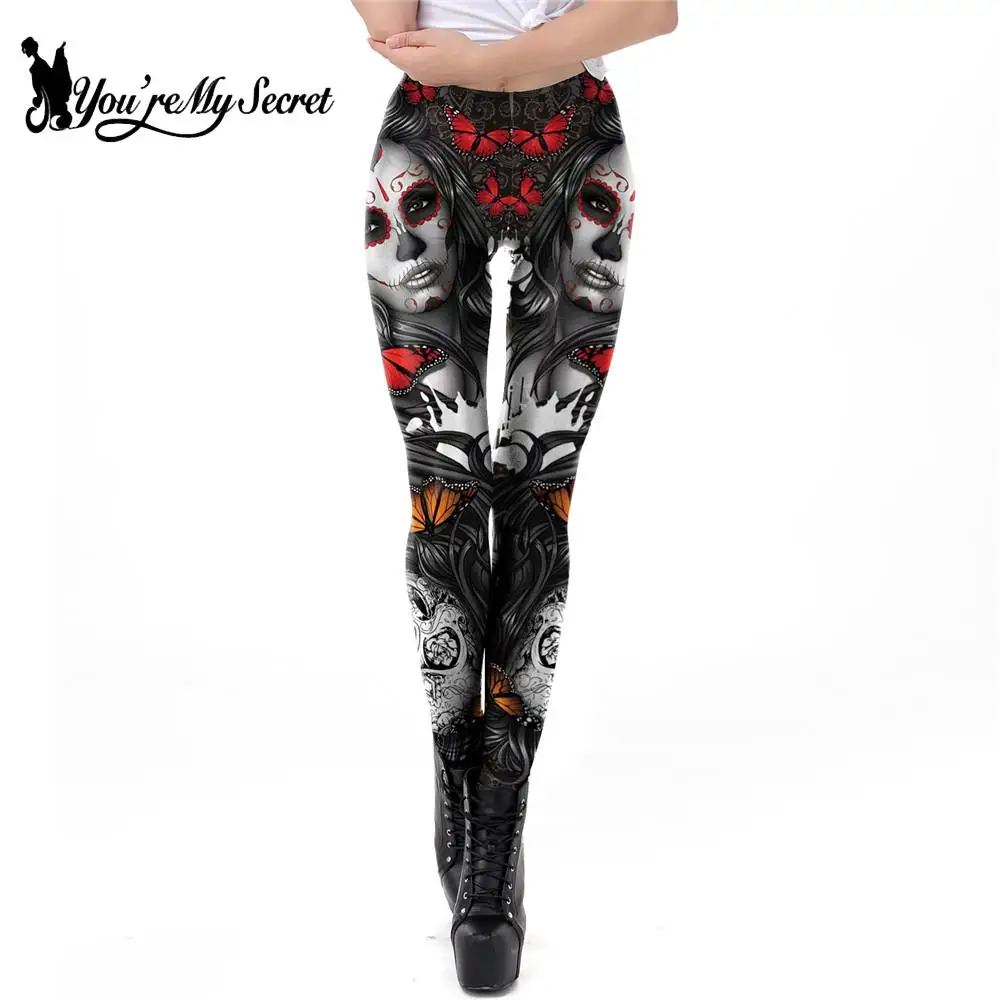 [You're My Secret] 2024 New Gothic Printed Leggings For Women Halloween Skull Sexy Legging Rose Pattern Fitness Workout Leggins