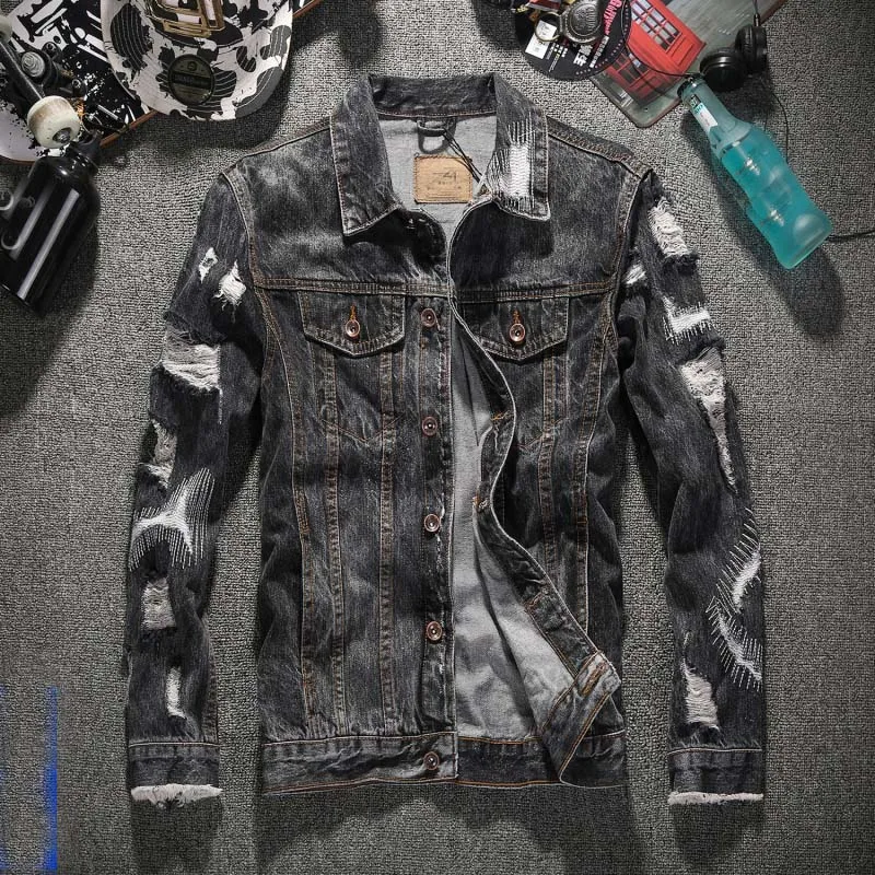 

High quality denim Jacket Men Ripped Holes Mens black Jean Jackets New 2020 Garment Washed Mens Denim Coat Plus size S-3XL