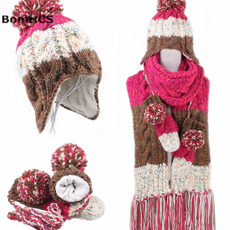 

BomHCS 3pcs Suit (scarf + Gloves+ Hat) Winter Women's Handmade Knit Neckerchief Mittens Beanie