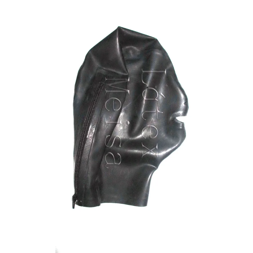 

Latex hoods adult rubber masks attached mesh eyes and open nostirls in black color with back zip