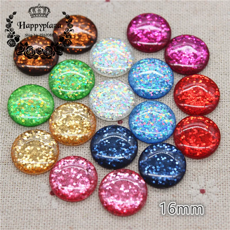 50pcs 16mm Mix Colors Glitter Thin Resin Round Flatback Cabochon DIY Phone/Button Craft Decoration