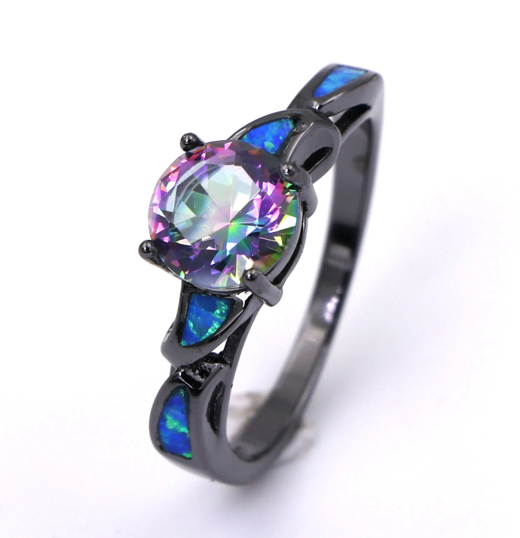 JLR-359  Black Gold Filled Rainbow Crystal & Fire Opal Rings Fashion Jewelry For Women Party