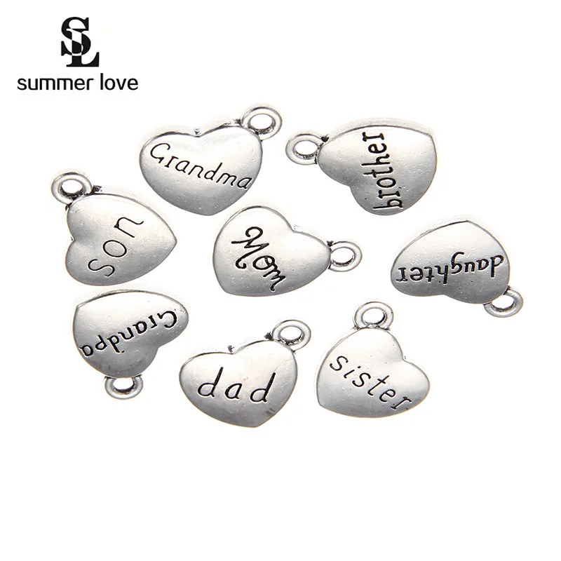 Alloy Mom Charms Pendant Engraved Daughter Son Brother Sister Dad Vintage Peach Heart Charm For DIY Family Jewelry Making 10Pcs