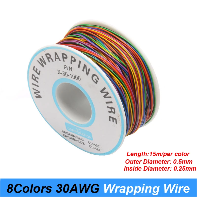 One Roll 8 Colors 30AWG Wire Wrapping Wire, Tinned Copper Solid, PVC insulation