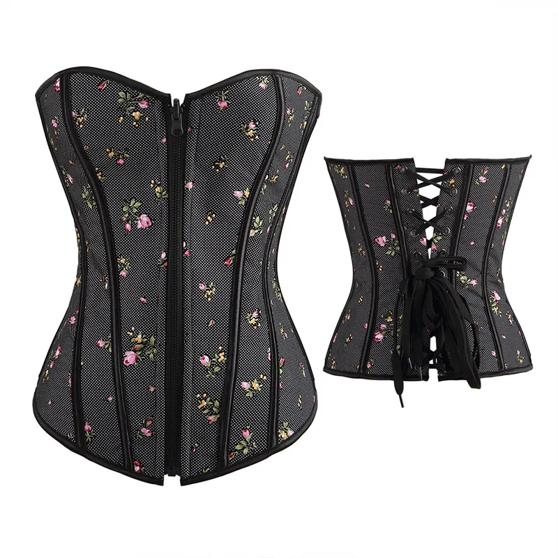 Black Floral Print Denim Satin Zipper Overbust Corsets And Bustiers Burlesque Waist Trainer Control Sexy Steampunk Corset Gothic