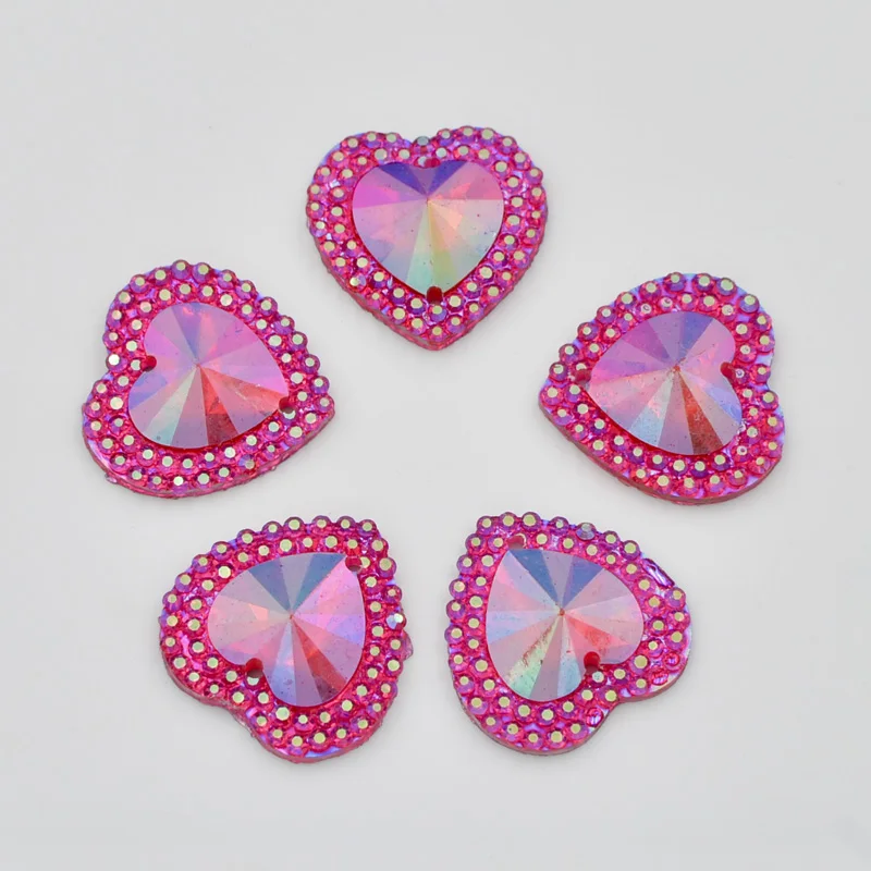 40PCS  shiny AB Resin 16mm heart  Flat back rhinestone scrapbook Wedding Embellishment diy 2 hole appliques