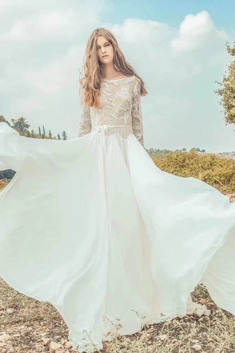 2019โบฮีเมียน Scoop เสื้อคอยาว Backless Boho Gowns เจ้าสาว Vestidos De Noiva ประเทศงานแต่งงานชุด