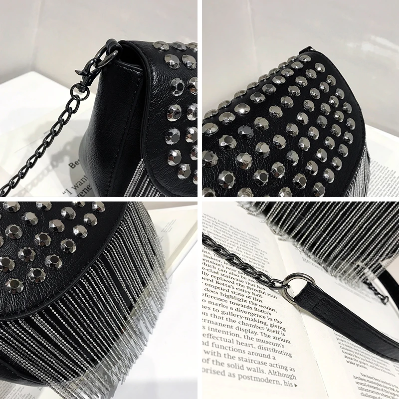 JIEROTYX Original Design Women Bags Leather Diamonds Shoulder Bags Sexy Rivet Shoulder Bag Lady Small Black Tassel Chains