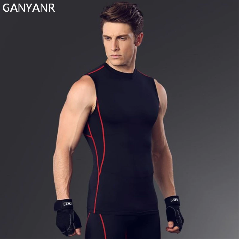 

GANYANR Brand Running Vest Men Tank Top Sportswear Tee Shirt Sport Fitness Singlet Workout Tights Training Polyester Compression