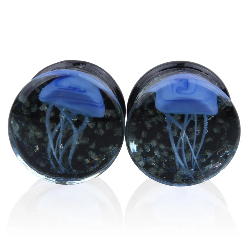 In The Dark 8mm-16mm Blue Translucent Glass Earrings White Jellyfish Ear Plug Tunnel Ear Stretcher Expander Fashion Body Jewelry