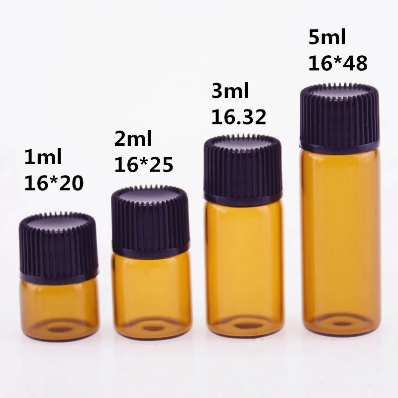 

100pc/lot 1ml 2ml 3ml 5ml Empty Drams Amber Glass Bottle With Plastic Lid Insert Essential Oil Glass Vials Perfume Sample Bottle