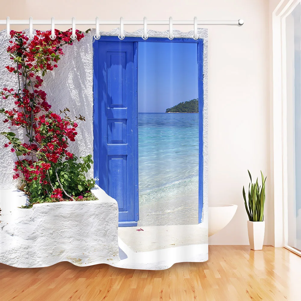 Red Flower Blue Greek Door with a Sea View on Island Shower Curtain With Bathroom Mat Set Waterproof Fabric For Bathtub Decor