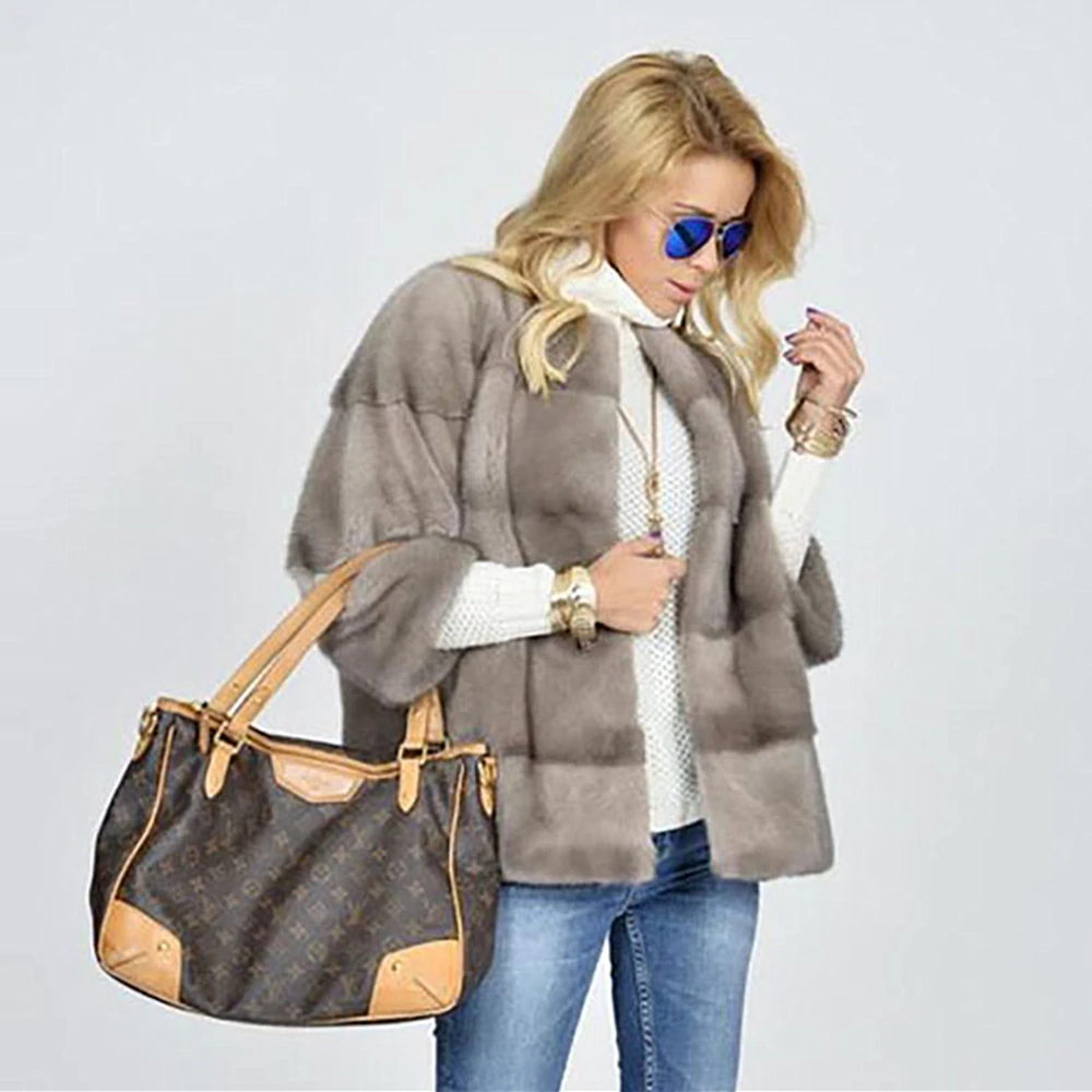 TOPFUR Winter Real Mink Fur Coat Women Natural Mink Fur Thick Warm O-Neck Three Quarter Sleeves Standard Regular Coat Women