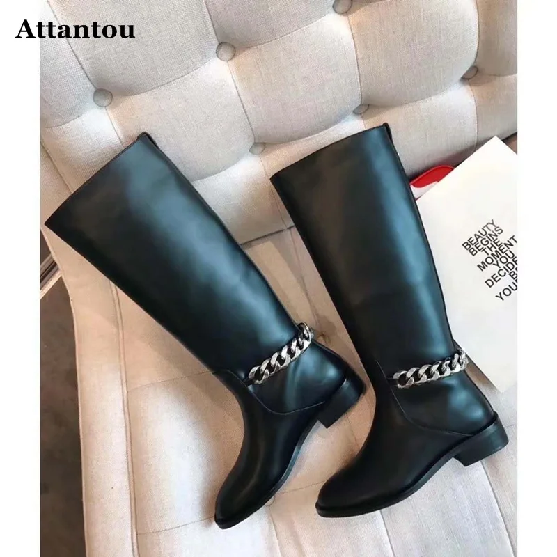 مصمم سلاسل دراجة نارية أحذية النساء المصارع Botte فام جلد طبيعي النساء أحذية طويلة حذاء برقبة للركبة امرأة الشتاء الأحذية #1