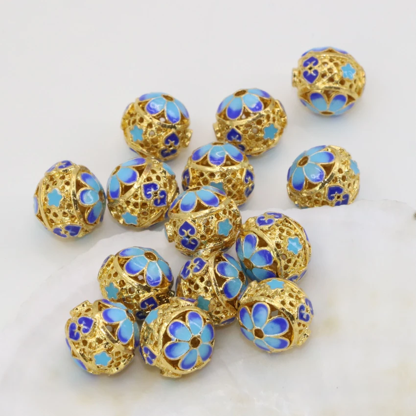 Top quality round ball hollow carved enamel cloisonne 13*14mm 5pcs gold-color spacers accessories beads fashion jewelry B2515