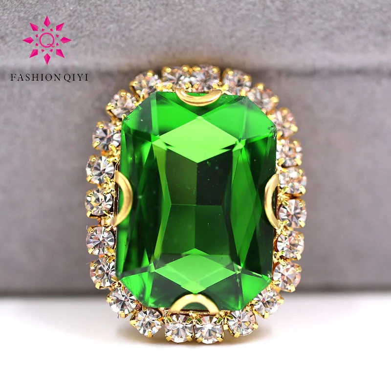 

Free shipping Gold base Rectangular octagonal shape Grass Green sew on rhinestones glass Crystal button DIY clothing accessories