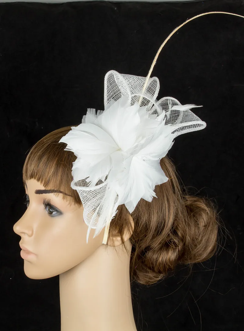 

Elegant Women Bride Sinamay Wedding Fascinator Hats T-Platform Hair Accessories Women Feather Flower Headwear Hair Accessory