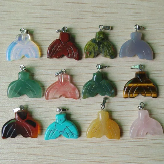 2017 Fashion natural stone mixed carving whale tail pendants & necklaces charms  jewelry 12pcs/lot  Wholesale free shipping