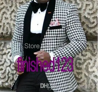 

2020 Groom Formal Mens Suits Houndstooth 3 Pieces Terno Masculino Smoking Prom Best Man Blazer Slim Fit Men Wedding Suits Tuxedo