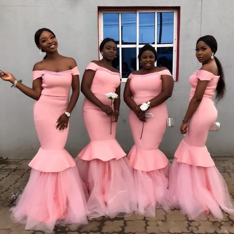 2021 Pink Off the Shoulder Long Bridesmaid Dresses Tulle Bottom Mermaid Prom Gown Customize Maid of Honor Dress