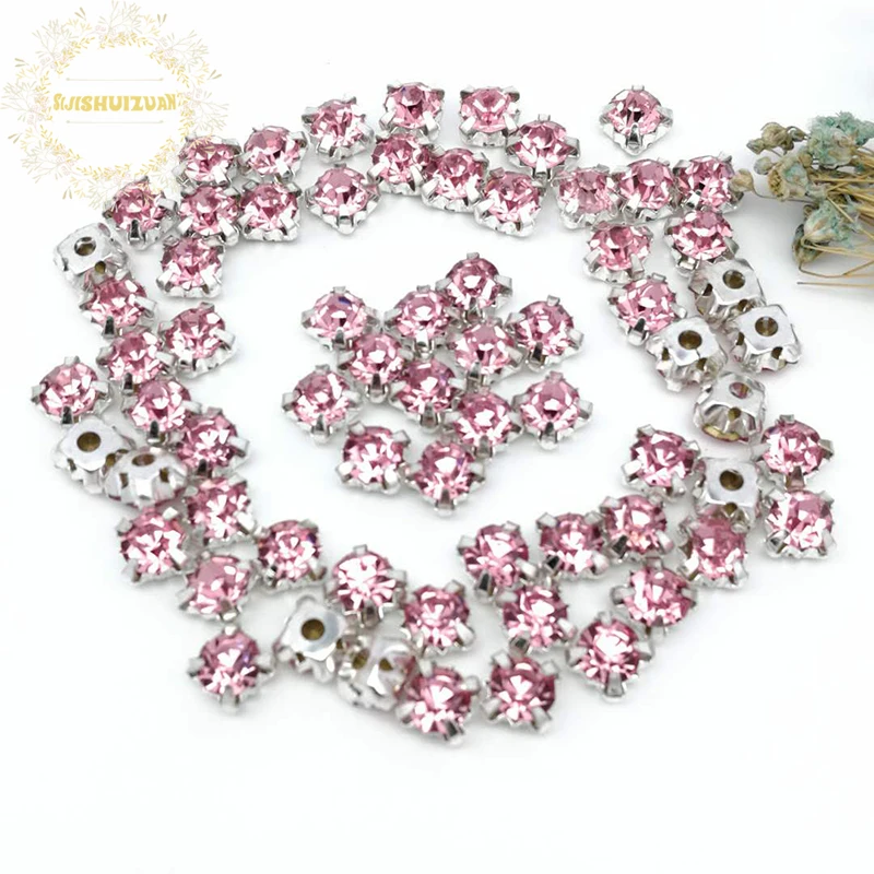 3mm 4mm 5mm 7mm 8mm Glitter Pink Silver Claws Sew on Round Rhinestones For Needlework DIY Glass Crystals Stones Clothes Wedding