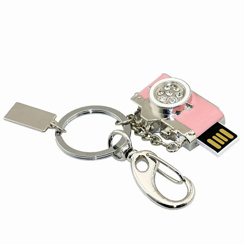 Metal Diamond Camera Usb Flash Drive Mini Pendrive Pink Camera Memory Storage 8GB 16GB Gift U Disk Fashion Key Chain Pen Drive