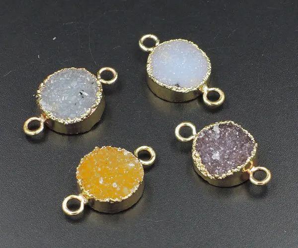 Natural Agate Druzy Round Connector With Side Gold-plated Approx 15mm