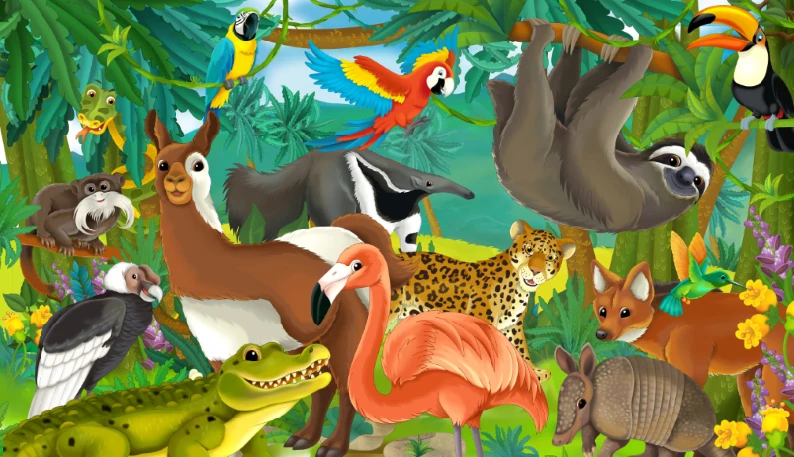 7x5ft Tropical Jungles Forest Bear Llama Parrots Zoo Safari Animals Custom Photo Studio Background Backdrop Vinyl  220cm x 150cm