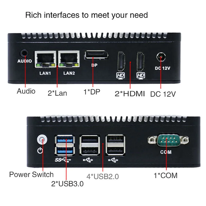 Mini PC Sin ventilador, J3700, J3710, Quad Core, Dual Lan, 2 * HD, 1 * DP, Mini ordenador de escritorio para kiosco, señalización Digaital, barato