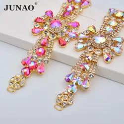 JUNAO 45x180mm Sewing AB Crystal Flatback Glass Rhinestones Chain Flower Strass Applique Bikini Belt Jewelry For Dresses