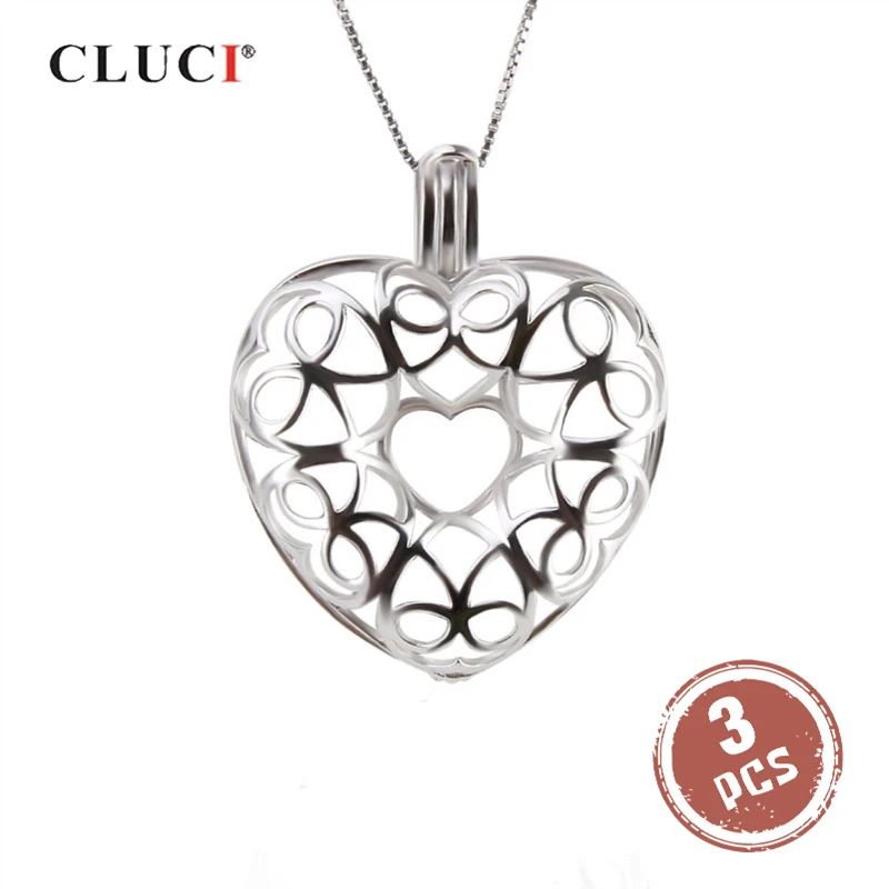 CLUCI 3pcs Big Hollow Heart Cage Pendant to Hold 8 Pearls 925 Sterling Silver Necklace Accessaries Bowknot Pendant SC292SB