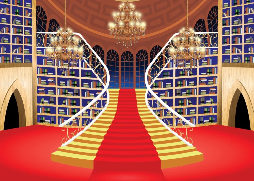 7x5ft Beauty Beast Library Red Carpet Ladder Stairs Staircase Custom Photo Studio Background Backdrop Vinyl  220cm x 150cm