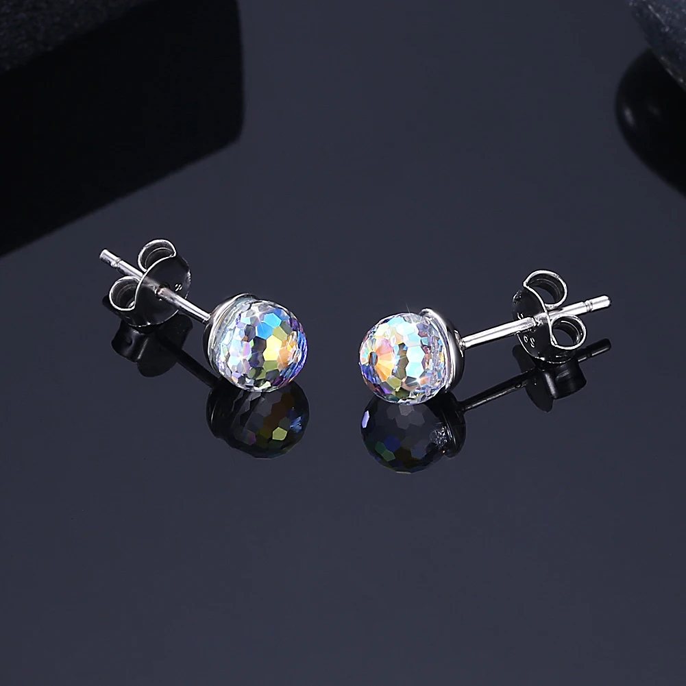 Real 925 Silver Ball Stud Earrings Disco Fancy Stone Original Crystals From Austria Piercing For Women Party Wedding Jewelry