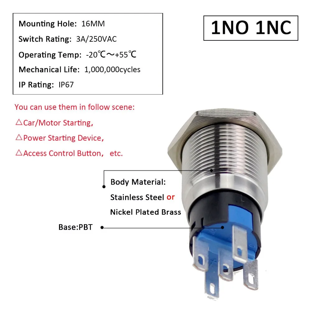 16mm high quality Light Power Switch Momentary Latching Waterproof Car Engine Stainless Steel LED Momentary Button Switch