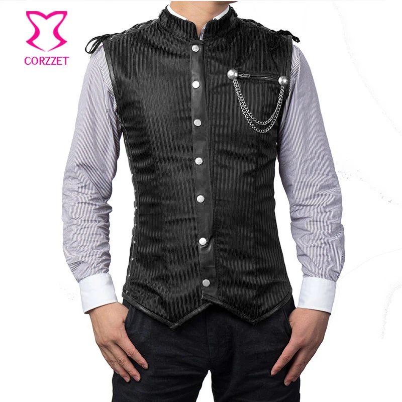 Chaleco sin mangas con cuello levantado a rayas negras para hombre, chaleco deshuesado de acero con manchas de cuero, chaqueta Steampunk, corsé