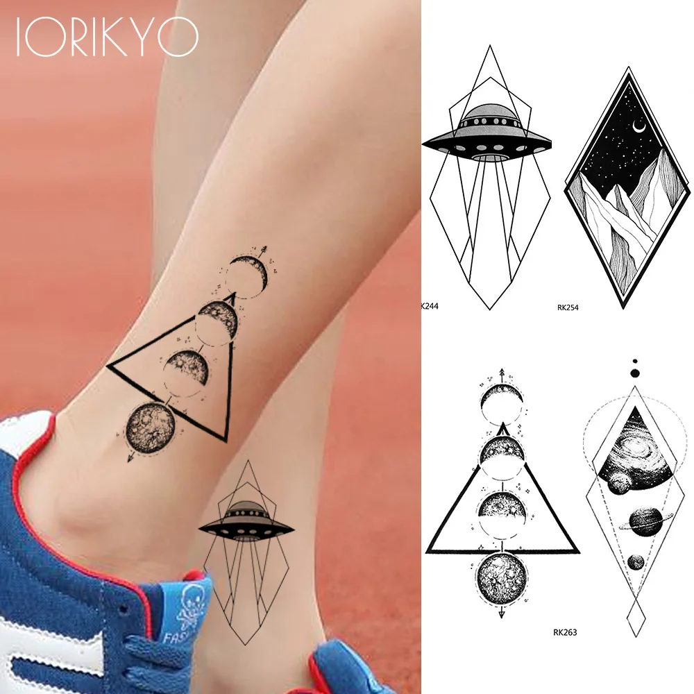 IORIKYO Triangle Planet Temporary Tattoo Women Fashion Stickers Fake Tatoos Men Black Geometric UFO Water Transfer Tattoo Makeup