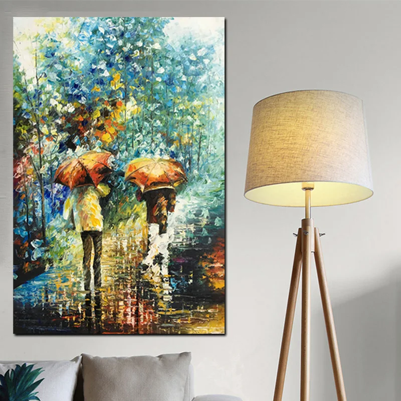 

100% Hand Painted Artistic Vertical 60x90cm People with Umbrella soft Landscape Abstract Oil Painting on Linen Canvas Poster