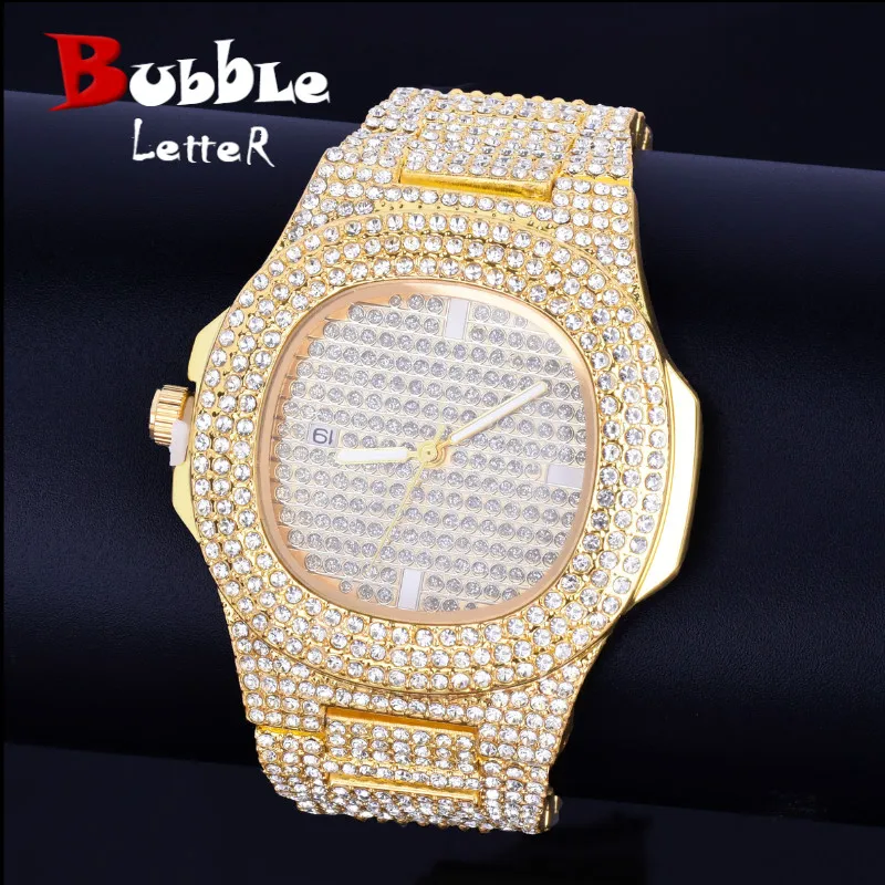 

Hip hop Men's watch Big Dial Military Quartz Clock Luxury Rhinestone Business Waterproof wrist watches Relogio Masculino 24cm