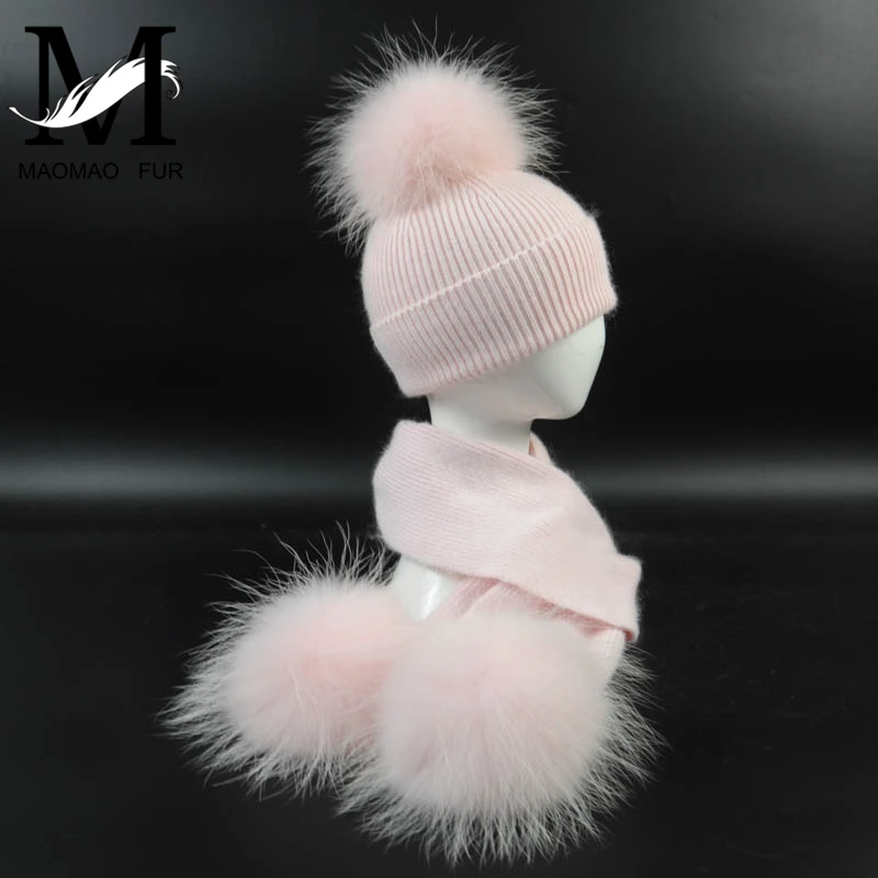 New Fashion Children's Wool Knit Hat Scarf 2 Pieces Set Winter Warm Kids Baby Boy Girl Raccoon Fur Pom poms Soft Hat Scarves