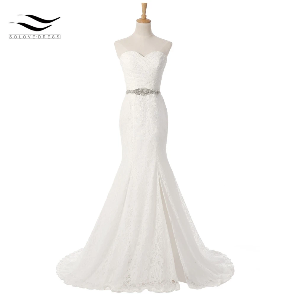 Solovedress elegante vestido de noiva fotos reais baratos sereia sexy fenda lateral vestido de casamento renda 2018 2018