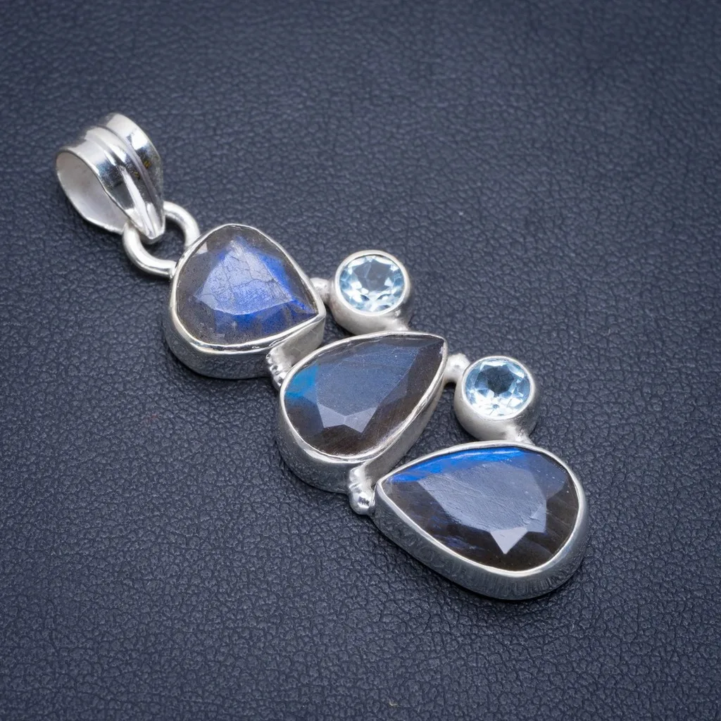 

Natural Blue Fire Labradorite and Blue Toapz Handmade Unique 925 Sterling Silver Pendant 1.75" A1863